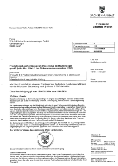 Freistellungsbescheinigung nach §48b EStG